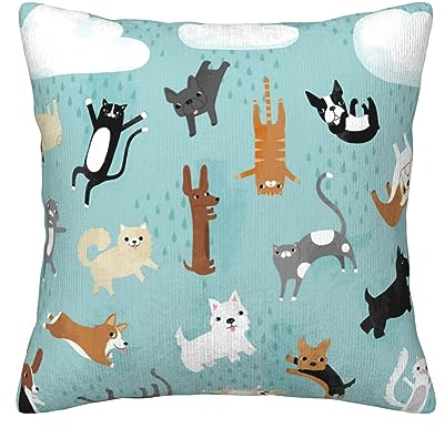 ESASAM Dekokissen aus Cord mit regnenden Katzen und Hunden, weiches und gemütliches Kissen für Entspannung und Unterstützung, atmungsaktives Kissen, Sofakissen, Reisekissen, Bürostuhlkissen