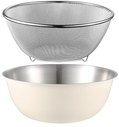 Scolapasta in acciaio inossidabile 304 con ciotola, per lavare riso, insalata, colino, insalata, colino per riso, scolapasta per lavare frutta e verdura (ciotola beige, 16 cm)