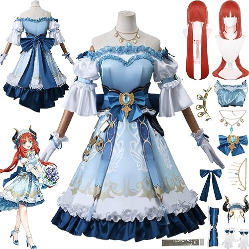 Tjmiaohao Genshin Impact Nilou Cosplay Kostüm Outfit Spielcharakter Uniform Kleider Komplettes Set Halloween Dress Up Anzug mit Kopfschmuck Halskette Perücke für Frauen Mädchen (M)