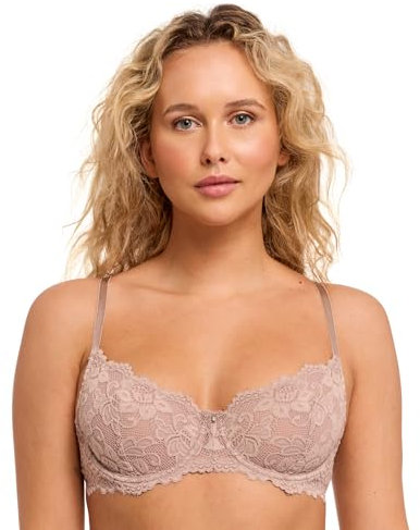 Jenny Jen Emma Underwire Lace Bra, Unpadded Sheer Lingerie for Women, Perfect Everyday Balconette Demi Bra (32C, Moonshell)