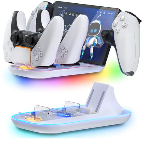 HEATFUN PS Portal Charger, 3-in-1 Charger Dock for PS Portal and PS5 Controllers, with 14 RGB Lights, Type-C Cable - White