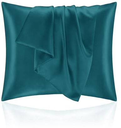 Taie Oreiller 65x65 en Satin, Housse Oreiller Satinées Protège Peau et Cheveux - Ultra Douce et Hypoallergénique - Lot de 2 Housse Coussin avec Fermeture Éclair Bleu Vert