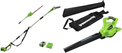 Greenworks G40PSHK2 Élagueuse et Taille Haie à Batterie sur Perche 2-en-1 & GD40BV Aspirateur Souffleur sans Fil de Feuilles à Batterie avec Moteur sans Balais, 280 km/h, 9,63 m³/Min