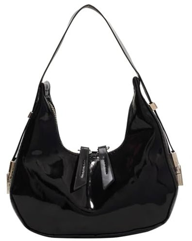 Borsa per Ravioli Elegante a Mezza Lucida Con Tracolla Regolabile - Piccola Alla Moda in Pelle PU Vegana Con Chiusura a Zip per Donna - Mezzaluna Nera