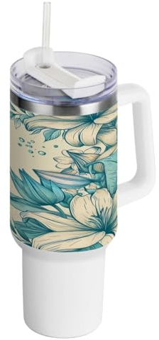 JUMBEAR Trinkbecher mit Griff und Strohhalm-Deckel, isoliert, wiederverwendbar, Edelstahl, Reisebecher, Eiskaffeebecher, schöne weiße Lilien, 1,2 l