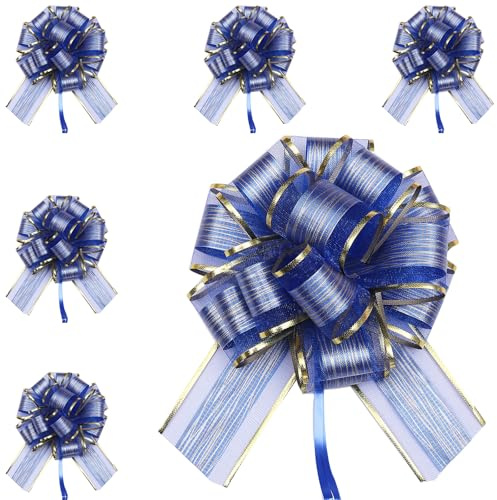 6pcs 7 Inch Large Pull Bows, Blue Ribbon Wrap Bows for Gift Wrapping, Wedding, Birthday, Christmas, Flower Decorations