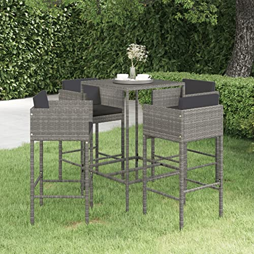 Buzaza 5-TLG. Gartenbar-Set mit Kissen Bartisch Mit Barhocker Set Outdoor Stehtisch Garten Bartisch FüR Zu Hause Poly Rattan Grau 3094791