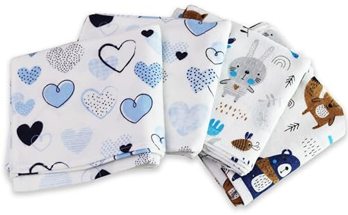 FENSILO Moltontücher|80x80cm|4er Pack-Flanellwindeln aus 100% Baumwoll,Moltonwindel Spucktücher Baby, Spucktuch Flanell Moltontuch Unisex Spucktücher für Jungen oder Mädchen Blue Heart
