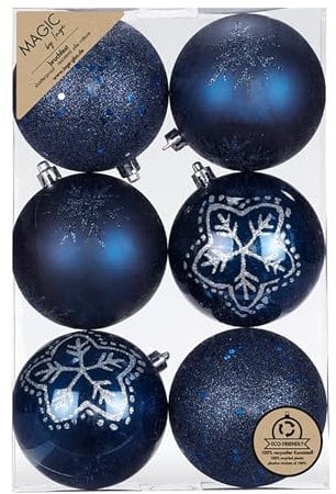 Weihnachtskugeln Kunststoff 8cm 6er Set - bruchsicher & mit Glitzer Muster - Große Christbaumkugeln für Weihnachtsbaum - Weihnachtsbaumkugeln & Christbaumschmuck Dunkelblau - Night Blue