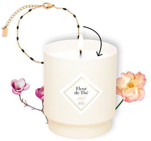 MY JOLIE CANDLE - Bougie Bijou Parfumée Fleur de Thé - Bracelet doré en acier inoxydable avec perles noires - Cadeau parfait pour Noël et anniversaire - Cire à base végétale - Made in France