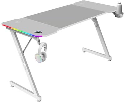 Mars Gaming MGD-X140RGB, Bureau Gaming Ergonomique, Éclairage ARGB avec Télécommande, Surface Fibre de Carbone, Tapis XXL, Supports Casque et Boisson, Gestion Câbles, Bureau Gaming 140x60cm, Blanc