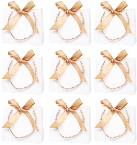 10 Stück kleine Weiß Geschenktüten mit Schleifen und Henkel, 14× 6× 12 cm Weiß Partytüten kleine Geschenktasche Mini-Party-Gunsttüten für Geburtstag, Hochzeit(Gold Schleifen)