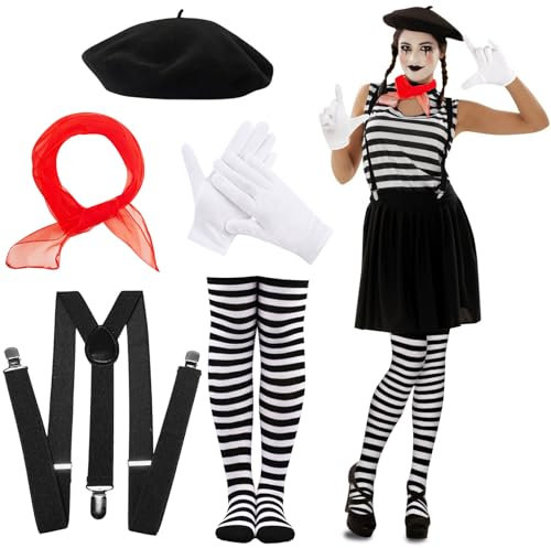 Henjunu Pantomime Kostüm Damen, Schwarz Baskenmütze, Schwarz Weiß Kniestrümpfe, Long Hosenträger, Schwarz-Weiß Gestreiftes Kostüm, Faschingskostüme Damen Pantomime, für Karneval Halloween Mottoparty