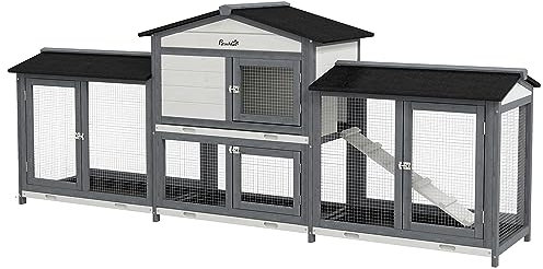 PawHut Large Rabbit Hutch Outdoor, 2-Tier Guinea Pig Hutch, Wooden Bunny Run, Small Animal House with Double Side Run Boxes, No-leak Plastic Tray, Ramp, 230 x 53 x 93.5cm, Light Grey