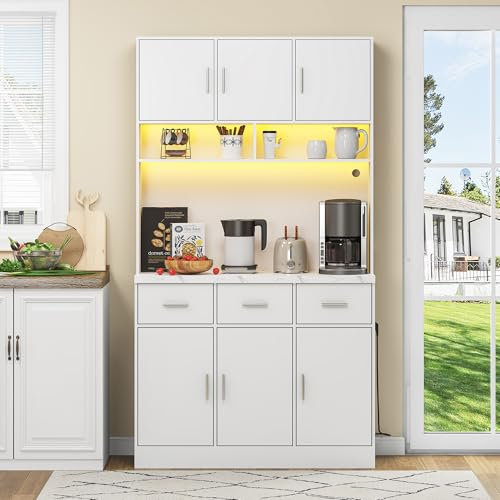 Kayan Küchenschrank Buffetschrank mit LED Sideboard für Küche mit Steckdosenleiste Küchenschrank mit Arbeitsplatte und 3 Schubladen Küchenbuffet mit Verstellbares Regal, 180x100x40 cm (Weiß)