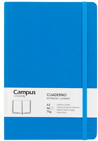 Campus Notizbuch A5, Bullet Journal mit glatten Blättern, genähtes Notizbuch mit festem Einband, 96 Blatt à 75 g, elastischer Verschluss, Tasche und Lesezeichen (A5, glatt, himmelblau)