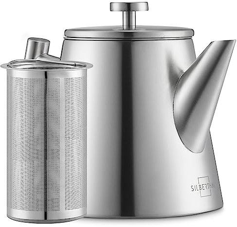 SILBERTHAL Stainless Steel Teapot with Strainer Insert (1L) Silver - Double-Walled Jug with Lid - Thermal Insulated - Keeps Warm for a Long Time - Tea Gift