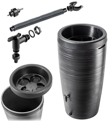 KADAX Regentonne mit im Deckel integrierter Pflanzschale 240 L, Regenfass aus Kunststoff, Regenwasserbehälter mit Wasserhahn, Frostsicher Regentank (Schwarz)