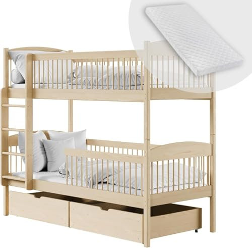 Hochbett Kinder, Etagenbett, Kinderbett | Inkl. 2 Matratzen, 2 Schubladen, sicher & funktional | Größen: 80x180, 90x190, 90x200 cm | 80x180 cm von 3. bis 12. Lebensjahr | Natur