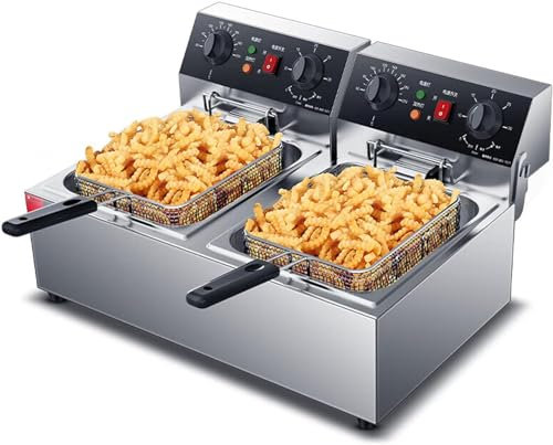 Friggitrice professionale, friggitrice elettrica a olio da banco a doppia vasca da 20 litri con cestello e coperchio per uso domestico e nei ristoranti. Friggitrice professionale in acciaio inossida