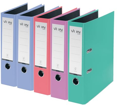 VON Leitz 5er Pack Ordner A4, Karton mit Kunststoffeinband, 80 mm Rückenbreite, Für 600 Blatt, FSC-zertifizierter Karton, Aktenordner, Für Schule, Studium & Zuhause, Mehrere Farben, 10551099