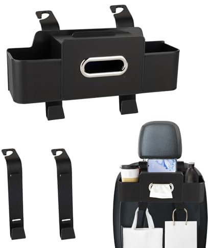 Vehicle Seat Back Hanging Storage Box with Tissue Holder and Hooks-Durable, Odorless, and Multifunctional Car Seat Organizer,Car Storage Organizer with Cup Holder, Hook, and Tissue Holder