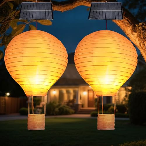 Heißluftballon Solar Lampions Außen Wetterfest, 2 Stück Solarlampen für Außen Hängend Heißluftballon, Lampions Solar Heissluftballons Outdoor, LED Wasserdicht Solarlaterne für Garten Balkon Deko (A)