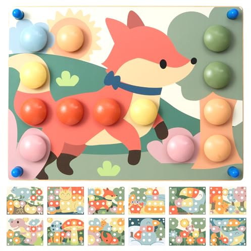 Nene Toys Steckspiel Holz ab 2 Jahre – Montessori Lernspielzeug zur Farbzuordnung & Feinmotorik – Mosaik Button Art Spiel mit 24 Holzsteckern & 12 Karten – Holzspielzeug Kinder