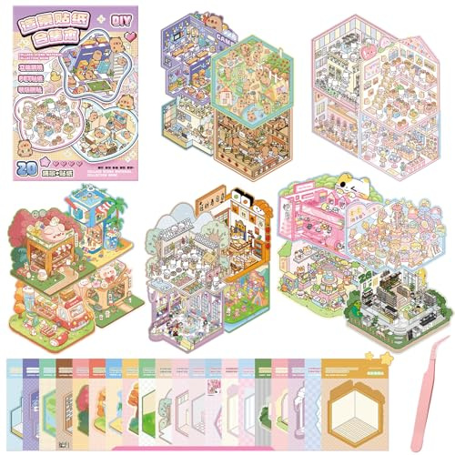 FOSDICK 3D Sticker Scene Book, Sticker Therapy mit Pinzette, DIY 3D House Stickers, 3d Hausaufkleber, Cartoon Miniatur Szenen Aufkleber, Fun Stacking Haus Aufkleber Relief Stress für Erwachsene Kinder