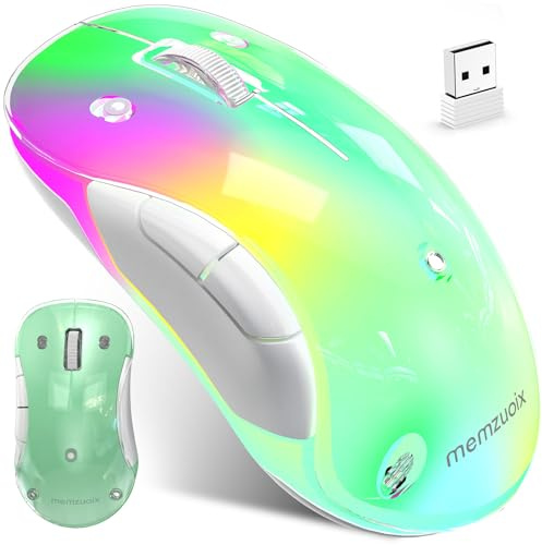 memzuoix LED Wireless Mouse – Rechargeable 2.4G Optical Mouse with Magnetic Cover, Soft RGB Lighting, 1400 DPI, Ergonomic Cordless Design with USB Receiver for Laptop, PC & MacBook - Green