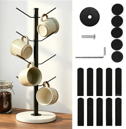 Vurixfo Marble Mug Tree Stand, 8 Hook Coffee Cup Holder Weighted Marble Base Stable Mug Holders Coffee Tea Cup Organizer Hanger Holder Coffe-e Cups Stand Storage Rack for Kitchen Counter Cabinet Bar