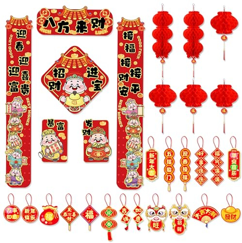 30 Piezas Kit de Decoración para Año Nuevo Chino, Pareados Chinos con Linternas y Adornos Colgantes, Decoración Tradicional Chunlian para Fiestass del Festival de Primavere