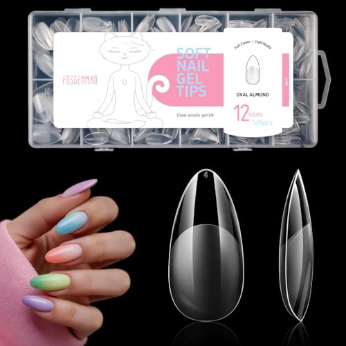 528 Pcs Oval Almond Nail Tips for Gel Extensions, Medium Almond Half Matte Full Cover Fake Nails for Manicure Salon Arts DIY Home (12 Sizes)