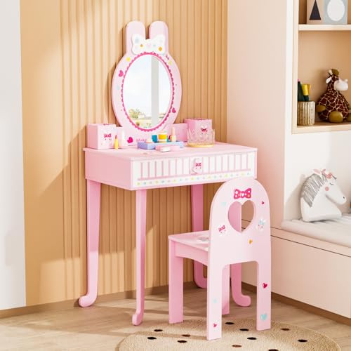 Bonnlo Schminktisch mit Hocker und Abnehmbarer Spiegel, Kindertisch mit Schublade für Mädchen ab 3 Jahren, Hasen-Design (Rosa)