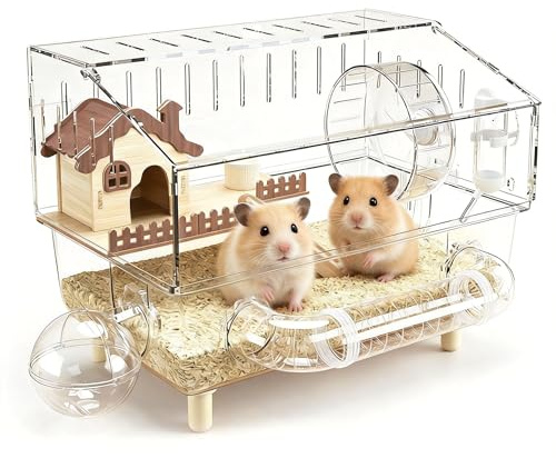 Hamsterkäfig, 43 x 30 x 34 cm Hamster Villa aus Acryl mit Ruhebereich Übungsrad Tunnel Außenbadezimmer Wasserkocher Futternapf Doppelstöckiges Hamsterhaus für Kleintiere Zuhause zum Spielen und Toben