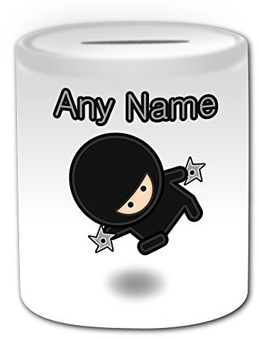 Personalisiertes Geschenk – Ninja mit Shuriken Spardose (Märchen Design Thema, weiß) – alle Nachricht/Name auf Ihre einzigartige – Werfen Sterne