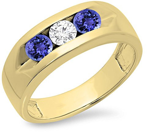 Dazzlingrock Collection Herren-Ring aus 14 Karat Gold, echter runder Tansanit und weißer Diamant, 3 Steine, Jahrestag, Hochzeit, Gelbgold, Tansanit-Diamant, Gelbgold, Tansanit Diamant