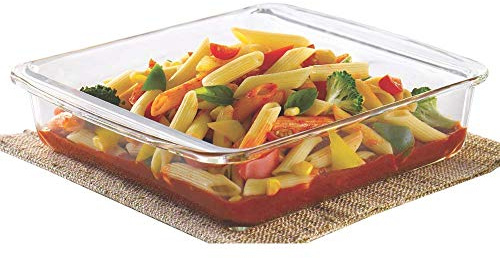 Borosil 800 ml Baking & Serving Dish with Handle | Borosilicate Glass Square Shape Bakeware and Serveware Casserole Dish Tray | Microwave, Oven & Dishwasher Safe Bowl (Transparent)