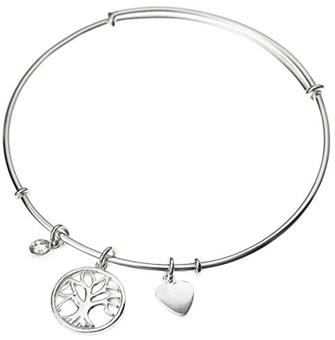 Armreif aus 925er-Sterlingsilber, Familienbaum des Lebens, baumelnder Charm, klarer Zirkonia-Kristall, verstellbar, Kristall, Zirkonia