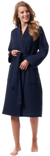 Morgenstern Bademantel Damen Waffelmuster Leicht Baumwolle Waffel Pique Größe XL Marine Blau