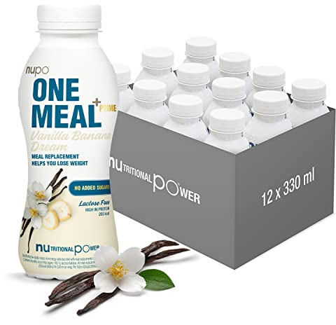 NUPO One Meal + Prime Vanille- Banane I Shake prêt à boire I Savoureux shake substitut de repas avec 24 vitamines et minéraux I Riche en protéines I Sans sucre ajouté I 12 x 330ml