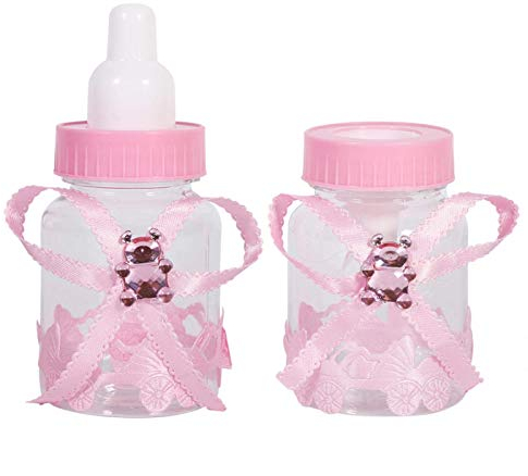 Baby Süßigkeitsflaschen, 50 Stück Mini Baby Shower Babyflasche Süßigkeiten Geschenkbox mit Bär für Süßigkeiten, Konfetti, Geschenke (Rosa)