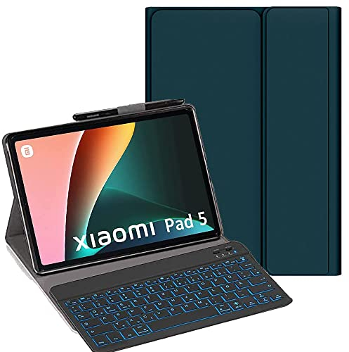 YHFZR Tastatur Hülle für Xiaomi Mi Pad 5/5 Pro 11 Zoll, [Deutsches QWERTZ] Ultraslim Hülle mit 7 Farben Beleuchtung Kabellose Tastatur mit Schützhülle für Xiaomi Mi Pad 5/5 Pro 11 Zoll, Grün