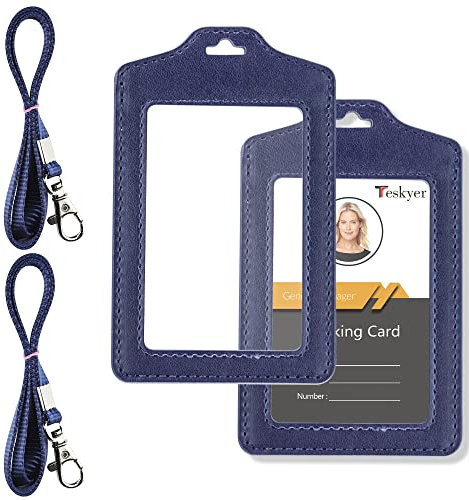 Teskyer 2 Pièces Double Face Transparent Porte Badge, Porte Badge Tour de Cou, avec Lanière en Nylon, pour le travail, Affaires, Bus, Pass, Bleu