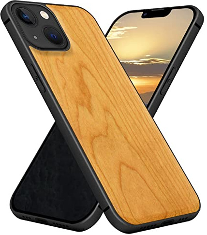 Carveit Holz Hülle für iPhone 13, Kirschholz-Natürliche Holzmaserung | Cover kompatibel MagSafe [Holz und TPU Silikon Hybrid Hull] Magnetisch Case für iPhone 13 Handyhülle