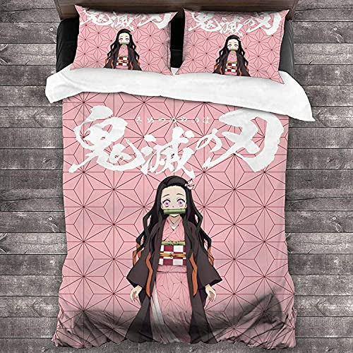 ANSSON Anime Kinder Bettwäsche 135x200cm Demon Slayer Mikrofaser Bettbezug Mit Reißverschluss Set,Tanjirou/Nezuko/Zenitsu/Giyuu Fanartikel (135x200cm+80x80cmx2, Nezuko4)