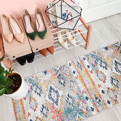 Mazovia Teppich Läufer Flur - Boho Teppichläufer - Kurzflor Flurläufer für Vorzimmer, Schlafzimmer, Küche - ÖKO-TEX Zertifiziert - Meterware - Bunt Grau - 70 x 425 cm