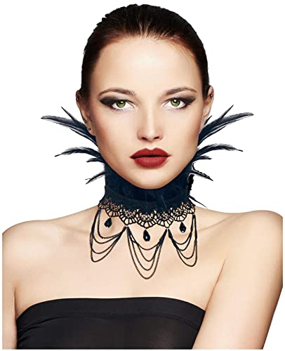 keland Steampunk Schmuck Gothic Lolita Lace Feder Choker Collier Halskette Victorian Neck Wrap mit Anhänger Kette (C-Schwarz)