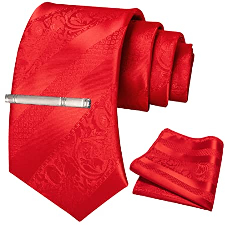 JEMYGINS Herren Krawatten Set mit gemischtem Rosen und Streifenmuster inklusive Krawattenklammer und Taschentuch alles rot