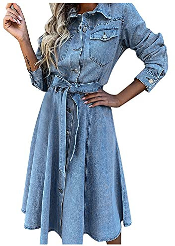Abito da donna a maniche lunghe, elegante, in jeans, estivo, lunghezza al ginocchio, con cintura, stile vintage, linea ad A, per feste, feste, in denim, Blu, M